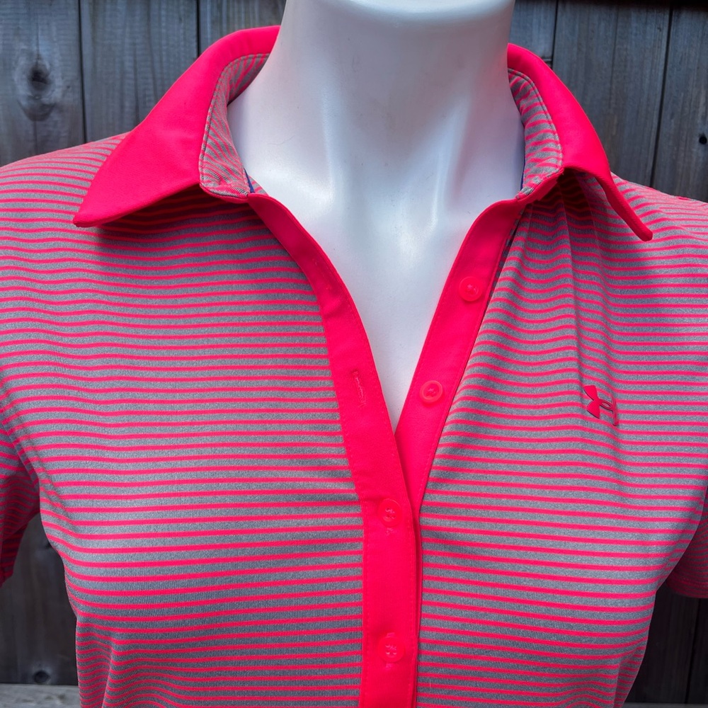 Under Armour Hot Pink and Grey Striped Polo Golf Tee